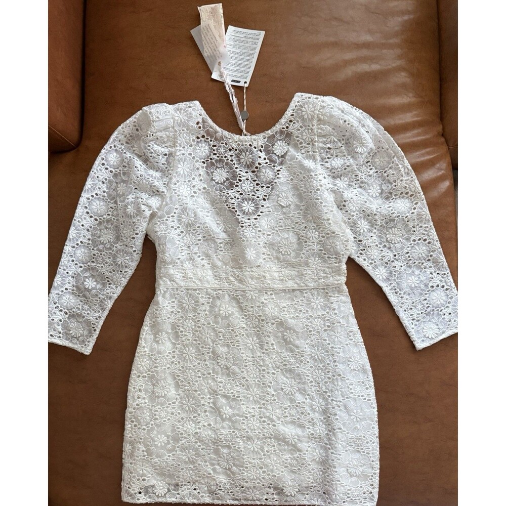 LoveShackFancy Faye White Lace Puff Sleeve Mini Dress Size 6 NWT - Picture 10 of 11
